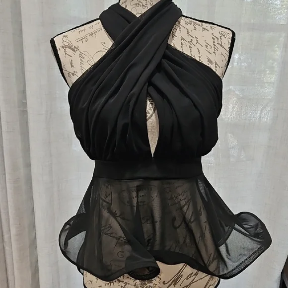 AKIRA Black Structured Mesh Detail Dressy Top - Picture 1 of 6